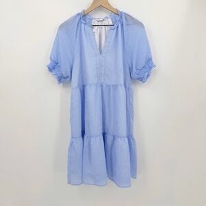 THML Blue White Striped Tiered Babydoll Dress V-Neck Smocked Puff Sleeve L boho